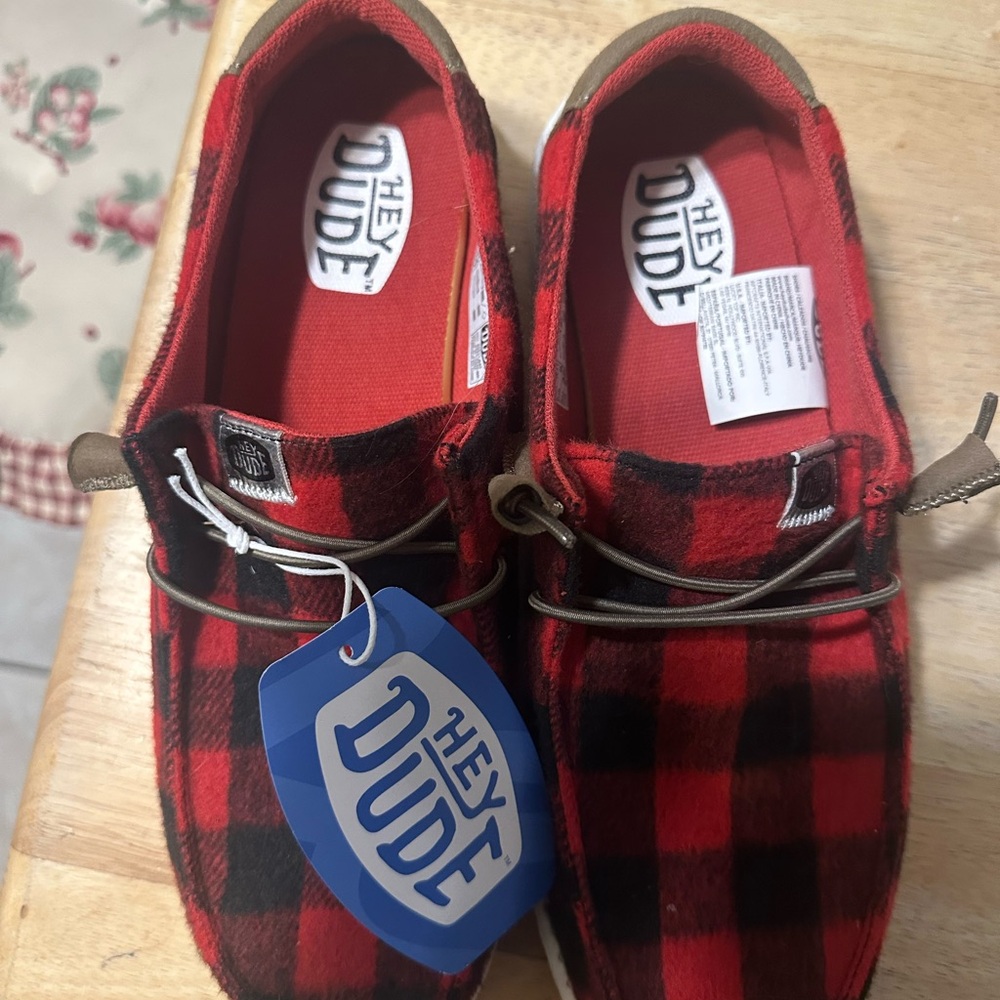 Hey Dude Red and Black Checkered Shoes